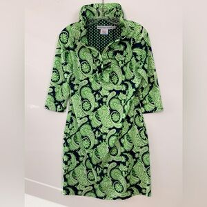 GRETCHEN SCOTT Navy Lime Preppy Geometric Paisley Swirl Ruffle Neck Dress MEDIUM